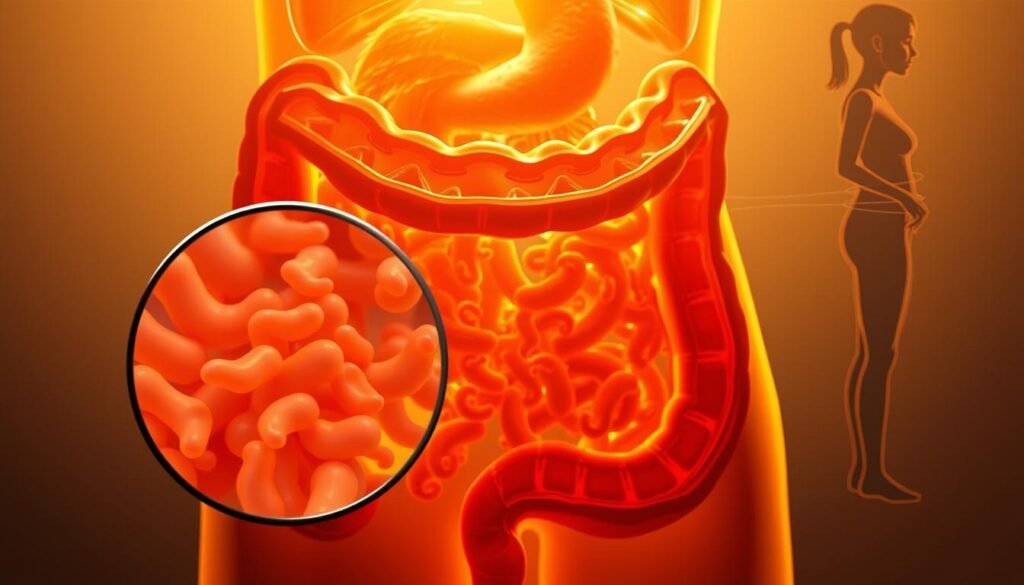 A detailed cross-section of the gut, revealing the intricate network of gut bacteria and their role in the weight loss process. The scene is bathed in a warm, golden light, highlighting the vibrant colors and textures of the microbiome. In the foreground, a magnified view showcases the diverse colony of LeanBiome-friendly bacteria, their shapes and sizes intricately rendered. The middle ground depicts the gut lining, with its villi and crypts, while the background features a stylized representation of the weight loss journey, represented by a gradual slimming of the silhouette. The overall composition conveys the harmony between gut health and the LeanBiome Reviews weight management process.