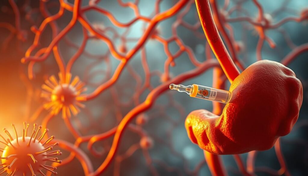 A detailed illustration of the intricate mechanisms behind blood sugar regulation. In the foreground, a pancreas secreting insulin, the key hormone that facilitates glucose uptake by cells. In the middle ground, insulin receptors on cell membranes, allowing glucose to enter and be metabolized. In the background, a network of blood vessels, arteries, and capillaries, transporting glucose and insulin throughout the body. The scene is bathed in a warm, golden light, conveying the delicate balance and importance of this physiological process. Captured with a shallow depth of field, emphasizing the interconnected nature of this complex system.