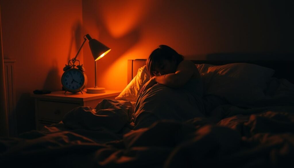 A dimly lit bedroom with a figure tossing and turning in a disheveled bed, their face obscured by shadows. The circadian rhythm disruption is palpable, with a bedside clock displaying an unsettling time. The room is illuminated by a warm, orange glow from a single lamp, casting long shadows and creating a sense of unease. The atmosphere is one of restlessness and discomfort, mirroring the internal struggle of the figure. The camera angle is slightly low, adding a sense of vulnerability and emphasizing the subject's struggle with sleep disturbances, a potential root cause of unexplained weight gain.