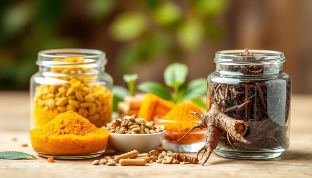 A high-quality, macro-style photograph showcasing the key ingredients in the "Prostavive Colibrim" natural prostate care formula. In the foreground, the main active compounds - saw palmetto, pygeum, and nettle root - are displayed in glass jars or bowls, their textures and colors meticulously captured. The middle ground features a mix of complementary herbal extracts such as pumpkin seed, turmeric, and vitamin E softly lit from above. In the background, a blurred, organic backdrop evokes a sense of purity and wellness. The lighting is warm and natural, accentuating the earthy tones and bringing out the vibrancy of the ingredients. The overall composition is clean, balanced, and showcases the high-quality, natural components of the "Prostavive Colibrim" formula.