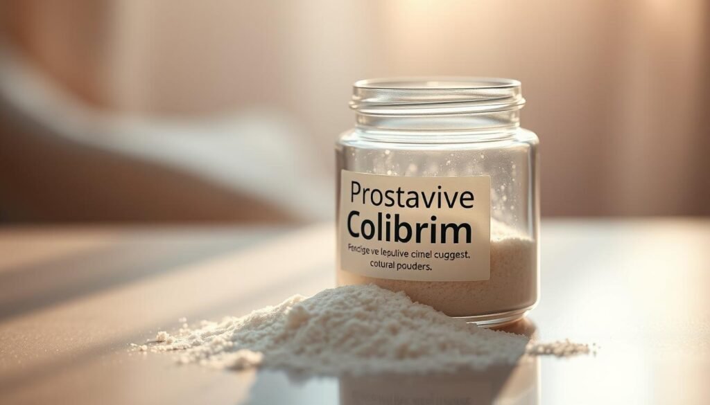 A high-resolution close-up shot of a translucent glass jar filled with a fine, light-colored powder labeled "Prostavive Colibrim" against a soft, blurred background. The jar is positioned on a flat, reflective surface, catching the warm, natural lighting from the side. The powder has a delicate, almost ethereal quality, gently spilling out of the jar's opening. The overall scene conveys a sense of purity, naturalness, and the soothing, restorative properties of the "Prostavive Colibrim" supplement.