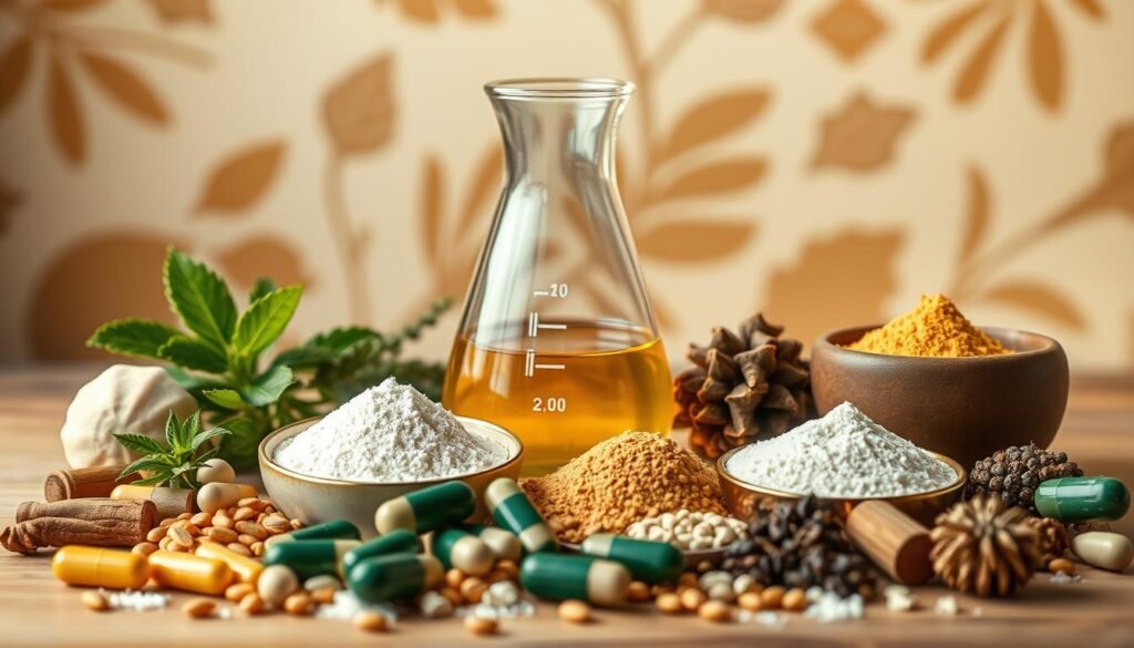 A meticulously composed still life showcasing the key ingredients of the LeanBiome Reviews supplement, captured under warm, natural lighting. In the foreground, an array of botanical extracts, powders, and capsules are arranged with precision, their colors and textures subtly accentuated. The middle ground features a classic glass laboratory beaker, partially filled with a golden-hued liquid, hinting at the scientific analysis of the supplement's composition. In the background, a soft, out-of-focus backdrop of earthy tones and organic patterns creates a sense of depth and authenticity, elevating the overall mood of the scene.