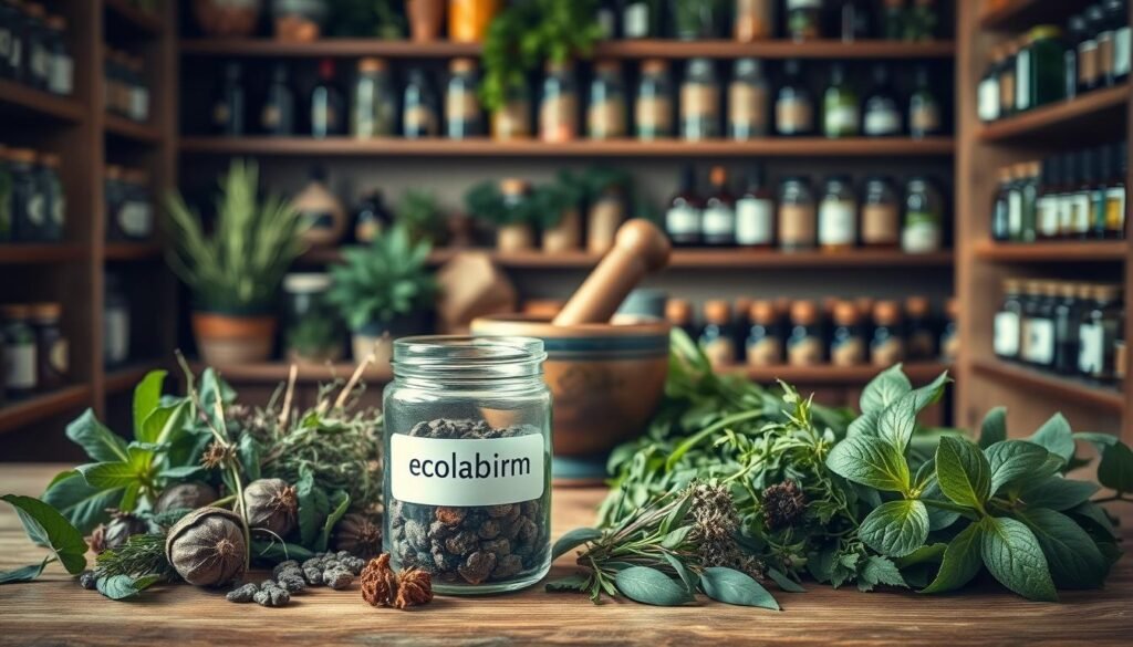 A peaceful, serene herbal apothecary scene featuring various natural remedies for prostate health. In the foreground, a glass jar labeled "prostavive colibrim" stands prominently, surrounded by a selection of fresh herbs, botanicals, and soothing essential oils. The middle ground showcases a wooden table with a mortar and pestle, suggesting the process of carefully crafting the natural remedy. In the background, shelves lined with jars and bottles create a sense of depth and a well-stocked, traditional herbal dispensary. Soft, natural lighting illuminates the scene, conveying a sense of safety, purity, and the healing power of nature.