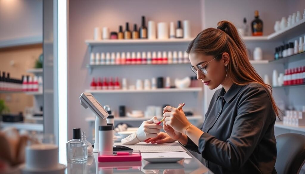 A professional nail technician working diligently on a client's nails in a well-lit, modern nail salon. The technician is carefully applying nail polish, using high-quality tools and products. In the background, various nail care items such as nail files, buffers, and nail polish bottles are neatly arranged on shelves. The salon has a calming, spa-like atmosphere with soft lighting and soothing colors. The scene conveys the technician's expertise, attention to detail, and dedication to providing exceptional nail care services.