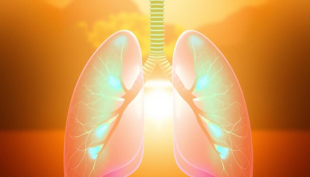 A serene and well-lit scene showcasing the potential benefits of Lung Clear Pro supplement. In the foreground, a pair of healthy, vibrant lungs are depicted, glowing with a subtle radiance. The middle ground features a calming, natural landscape with lush greenery and a serene body of water, symbolizing the supplement's ability to promote respiratory wellness. The background is bathed in a warm, golden light, creating an atmosphere of tranquility and vitality. The overall composition conveys a sense of clarity, rejuvenation, and the harmonious balance between the human body and the natural world.