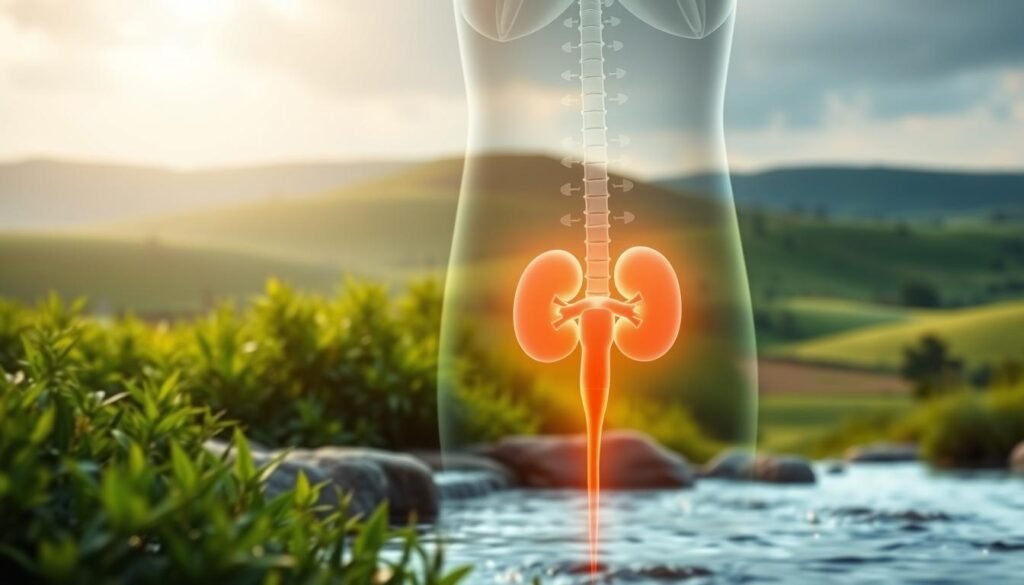 A serene, well-lit image of a healthy urinary tract system. In the foreground, a stylized representation of the bladder, urethra, and kidneys stands prominently, glowing with a soft, soothing light. The middle ground features verdant, natural elements such as lush foliage and soothing, flowing water, symbolizing the restorative properties of Uticarin. In the background, a calming, pastoral landscape unfolds, with rolling hills and a tranquil sky overhead. The overall composition conveys a sense of balance, harmony, and the natural rejuvenation of the urinary tract, reflecting the benefits of Uticarin's holistic approach to wellness.