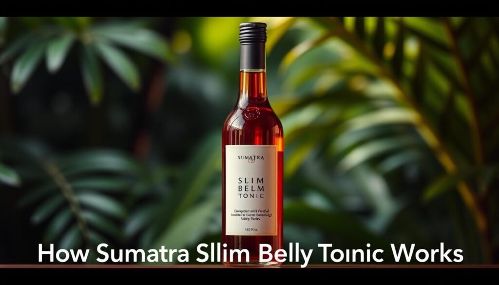 A sleek glass bottle filled with a rich amber liquid, set against a serene backdrop of lush tropical foliage. The bottle's label features a minimalist design with the "Sumatra Slim Belly Tonic" branding prominently displayed. Warm, directional lighting illuminates the bottle, creating a sense of depth and highlighting the product's premium quality. The overall composition conveys a sense of natural wellness and effortless weight management, perfectly aligning with the section title "How Sumatra Slim Belly Tonic Works."