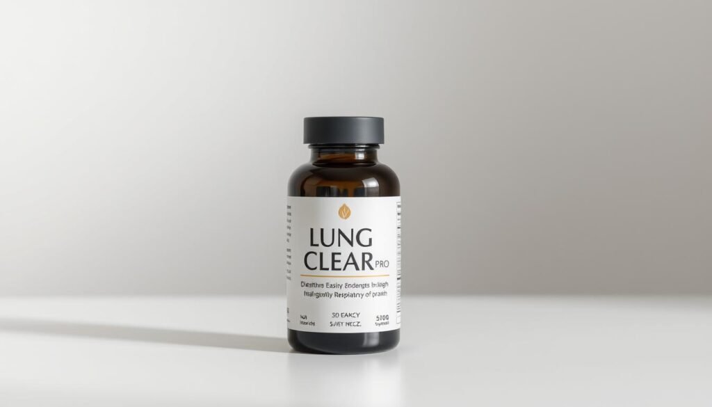 A sleek, modern bottle of Lung Clear Pro dietary supplement rests on a clean, minimalist surface. The bottle's label features a simple, elegant design with a neutral color palette that conveys a sense of purity and wellness. Soft, diffused lighting from above creates subtle shadows and highlights the bottle's curves, lending an air of sophistication. In the background, a muted, blurred gradient creates a soothing, calming atmosphere, allowing the product to take center stage. The overall composition and styling suggest a high-quality, trustworthy supplement that can help users breathe easier and improve their respiratory health.