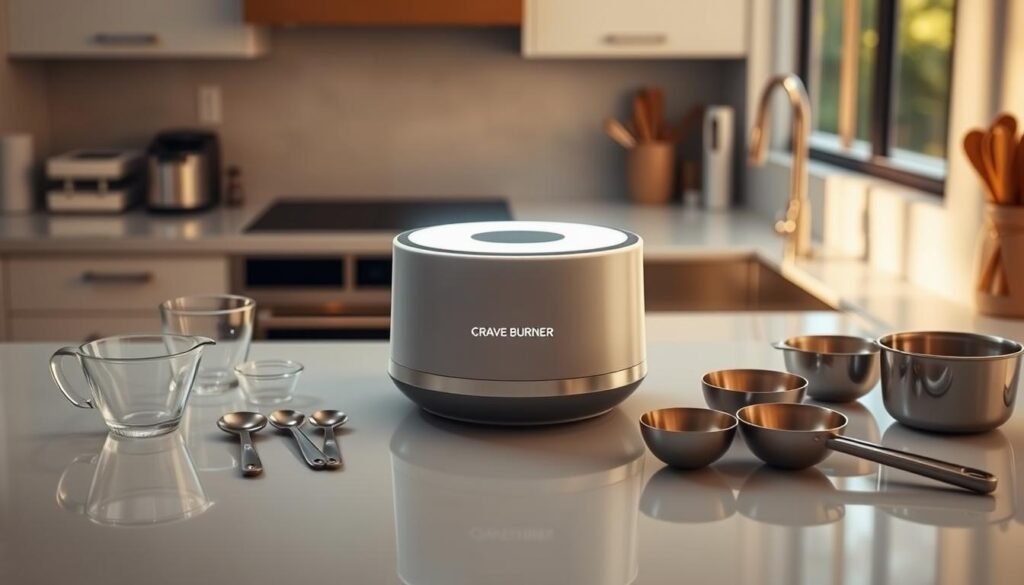 A sleek, modern kitchen countertop with a prominently displayed &amp;amp;amp;quot;Crave Burner&amp;amp;amp;quot; device. The Crave Burner is positioned in the center, illuminated by warm, natural lighting filtering in from a nearby window. Around the Burner, neatly arranged are various measuring cups, spoons, and other culinary accessories, suggesting instructions for proper usage. The countertop surface is clean and uncluttered, allowing the Crave Burner to be the focal point. The overall mood is one of efficiency, organization, and clarity, inviting the viewer to learn how to best utilize this innovative fat-burning tool.