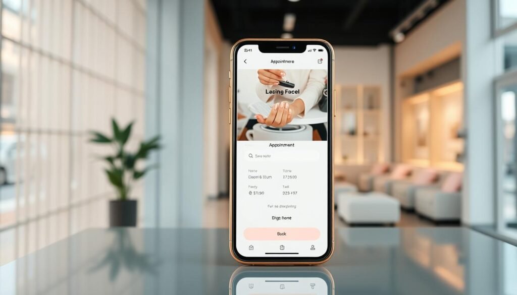 A stylish, minimalist nail salon app interface displayed on a sleek, gold-tinted smartphone. The foreground features a clean, intuitive appointment booking flow with elegant icons, smooth typography, and soft pastel color palette. The middle ground showcases a polished, inviting nail salon interior with plush seating, natural lighting, and a calming atmosphere. The background hints at a contemporary urban setting, conveying a sense of tranquility and sophistication. The overall composition exudes a seamless, high-end user experience that elevates the nail care journey.