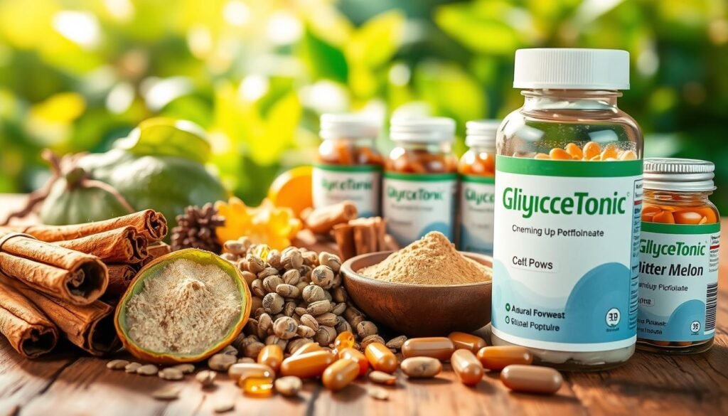 A vibrant and detailed still life composition showcasing the key ingredients in the GlucoTonic formula. In the foreground, an assortment of botanicals including cinnamon sticks, bitter melon, fenugreek seeds, and chromium picolinate capsules are arranged on a wooden surface, bathed in warm, directional lighting. In the middle ground, jars and vials containing powdered extracts of these natural ingredients are displayed, their labels legible. The background features a lush, verdant backdrop, suggesting the natural origins and wholesome nature of the GlucoTonic formulation. The overall scene conveys a sense of purity, potency, and natural health benefits.