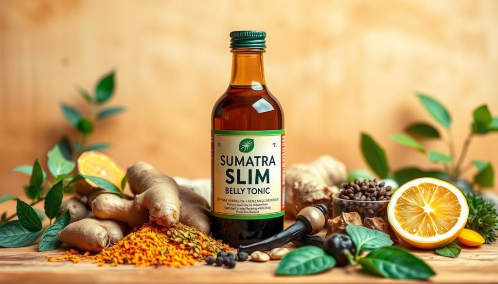 A vibrant, high-resolution illustration of the key ingredients in Sumatra Slim Belly Tonic. In the foreground, a collection of natural botanical extracts, herbs, and spices are arranged neatly, including turmeric, ginger, green tea, and black pepper. In the middle ground, a glass bottle of the tonic is prominently displayed, its label highlighting the product name. The background features a warm, earthy tone, with a soft focus to draw the viewer's attention to the central elements. The lighting is natural and diffused, creating a sense of warmth and authenticity. The overall composition conveys the purity, potency, and efficacy of the Sumatra Slim Belly Tonic ingredients.