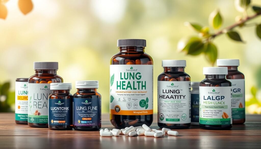 A well-lit and visually striking comparison of several lung health supplements, showcasing their distinctive packaging and design elements. The foreground features the bottles and containers of the supplements, arranged in a dynamic, asymmetrical composition that draws the viewer's eye. The middle ground showcases the supplements' key ingredients and nutritional information, presented in a clean, informative manner. The background evokes a serene, natural atmosphere, perhaps with soft-focus foliage or a calming landscape, to create a sense of holistic wellness. The overall mood is one of authority, clarity, and scientific credibility, guiding the viewer to make an informed decision about the best lung health supplement for their needs.