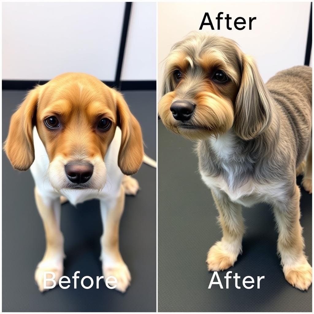 Before and after images of a dog's coat improvement with Pawbiotix