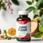 Bottle of Lung Clear Pro respiratory supplement with natural ingredients background