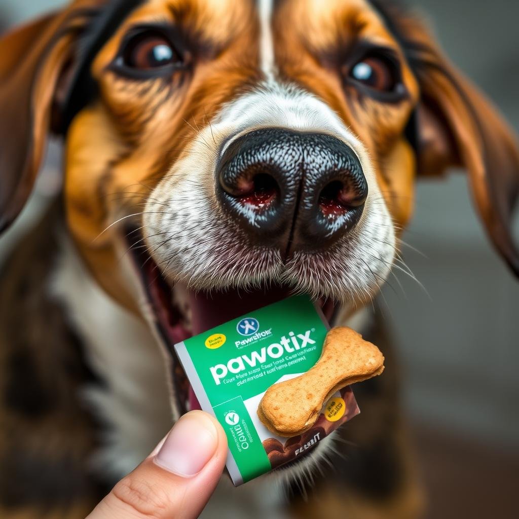 Dog eagerly eating Pawbiotix supplement due to its bacon flavor