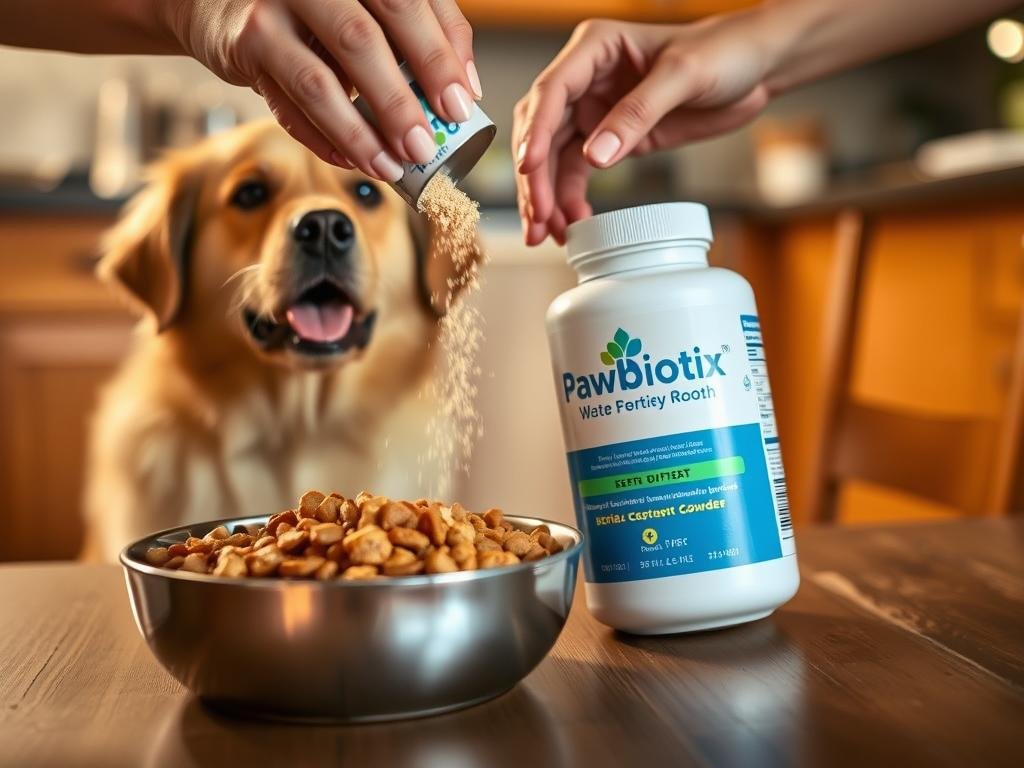 Dog owner mixing Pawbiotix into dog food
