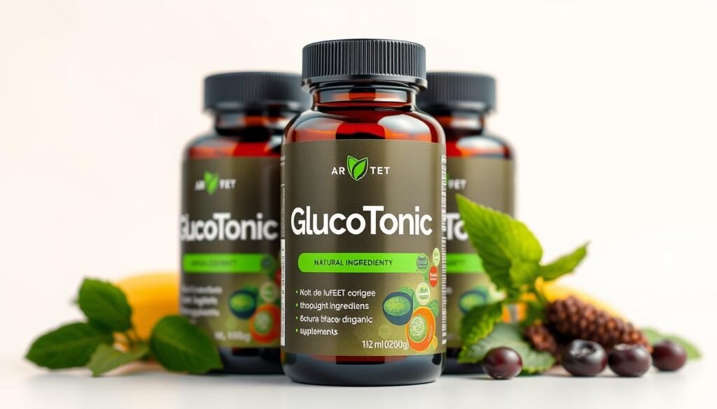 Generate an image of a bottle of GlucoTonic supplement with a label highlighting its natural ingredients.