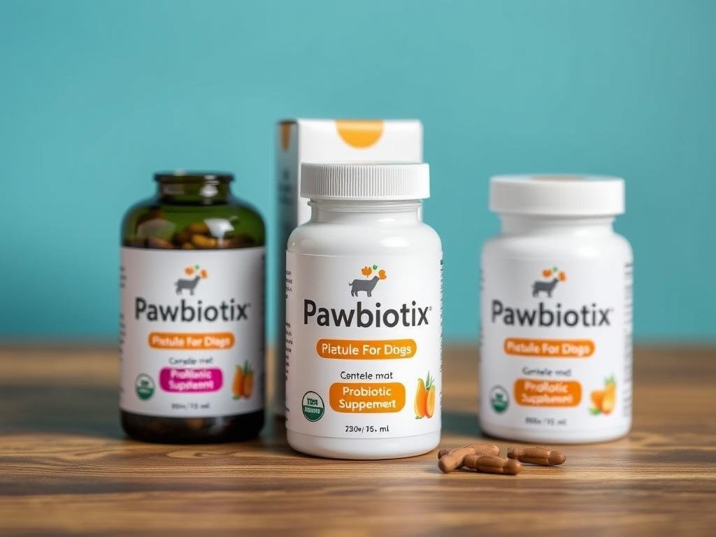 Pawbiotix supplement bottle and packaging showing the probiotic formula for dogs