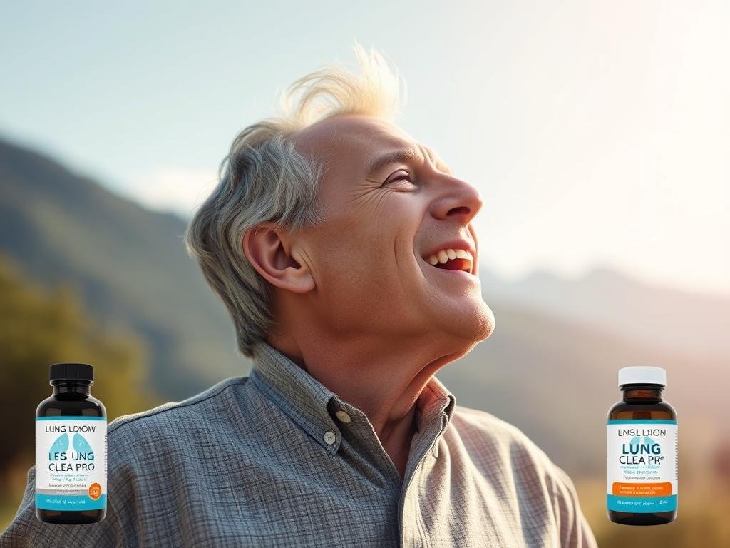 Person breathing deeply outdoors with Lung Clear Pro bottle nearby