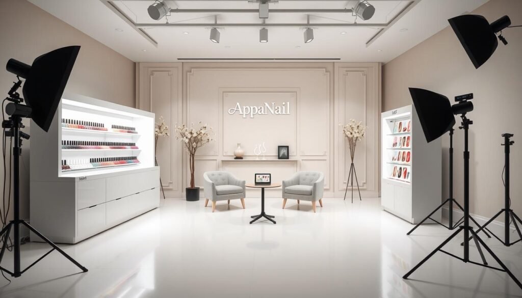 a professional photography studio setting with a clean and modern aesthetic, featuring a large, well-lit nail art booking station in the foreground. The station has a sleek, minimalist design with a glass display case showcasing an array of nail polish colors and nail art samples. In the middle ground, there are comfortable chairs and a small table with a tablet for clients to browse and select their desired nail art services. The background has a soft, neutral-toned wall with elegant, understated decor, creating a serene and inviting atmosphere. The lighting is bright and diffused, highlighting the vibrant colors and intricate details of the nail art offerings. The overall scene conveys a sense of luxury, professionalism, and attention to detail, reflecting the premium services of AppaNail.